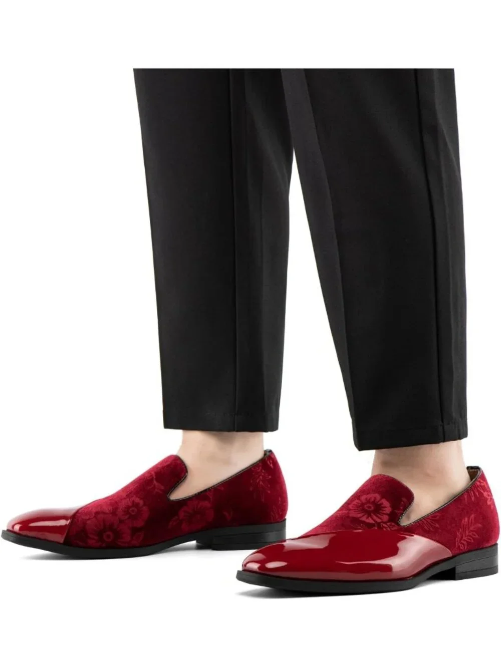Men's Red Velvet Patent Leather Tuxedo Classic Slip On Loafers Dress Shoes